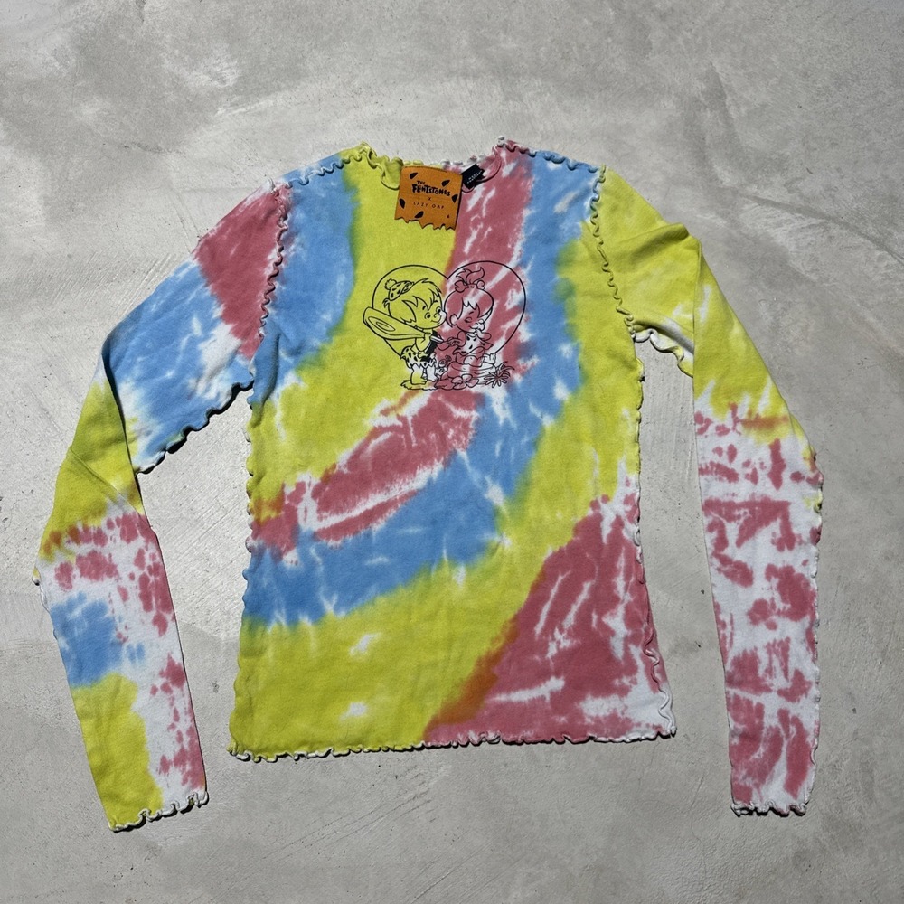 Lazy Oaf x Flintstones Mesh Top UK SZ 6 Cottagecore Tie Dye Shirt Long Sleeve